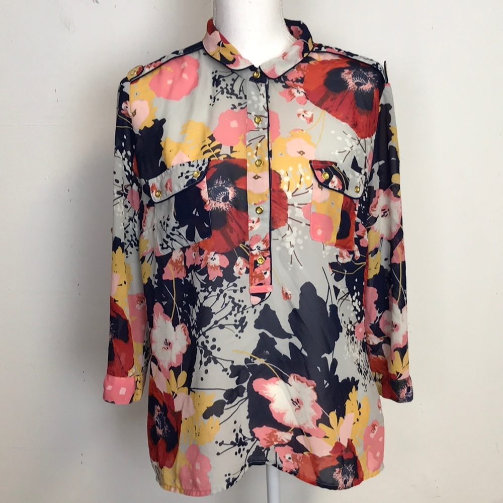 A.N.A. Women's Floral Adjustable Sleeve Blouse